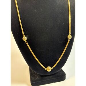 Gold Tone Snake Chain Necklace with Sphere Beads Signed